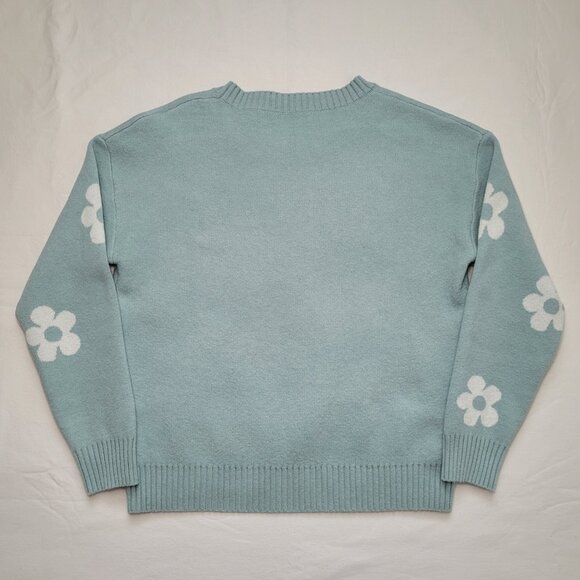 Retro Daisy Floral Print Knit Sweater Crew Neck Teal Blue Girls Boho - Picture 2 of 9